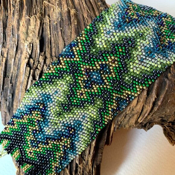 Handmade Wide Seed-Bead Cuff Bracelet with Geometric Design - Picture 6 of 7